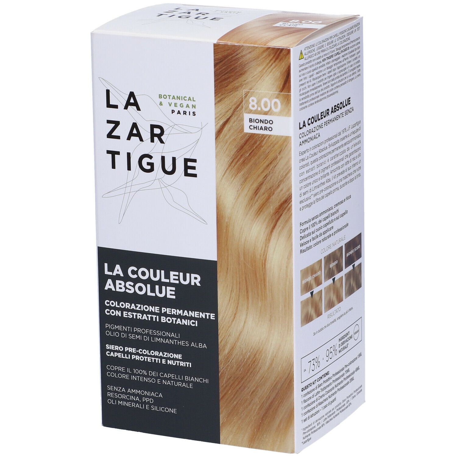 Scatola di tinta per capelli biondi. Scritte: LAZARTIGUE, LA COULEUR ABSOLUE, 8.00 Biondo Chiaro.