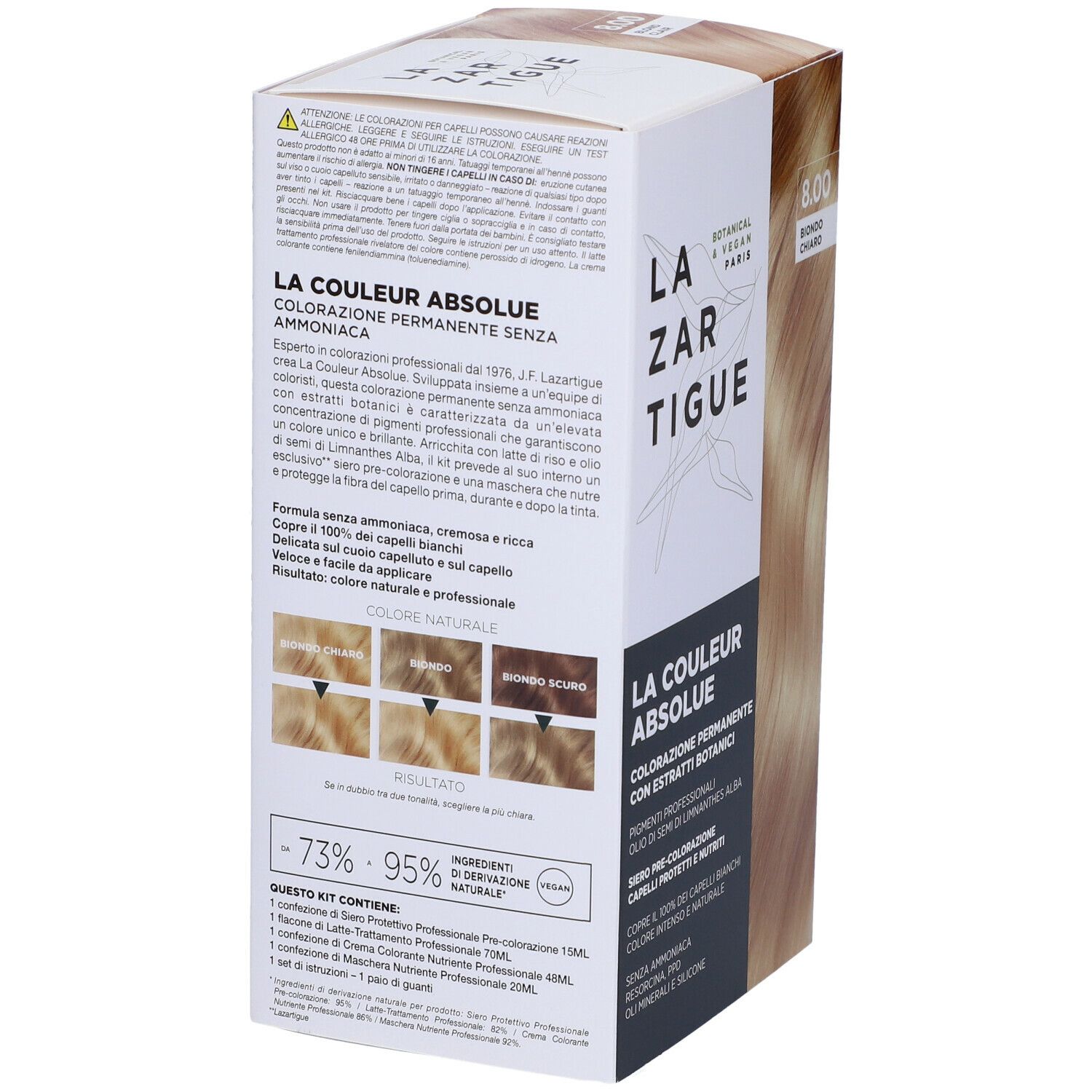 Scatola di tinta per capelli biondi. Scritte: LAZARTIGUE, LA COULEUR ABSOLUE, 8.00 Biondo Chiaro.