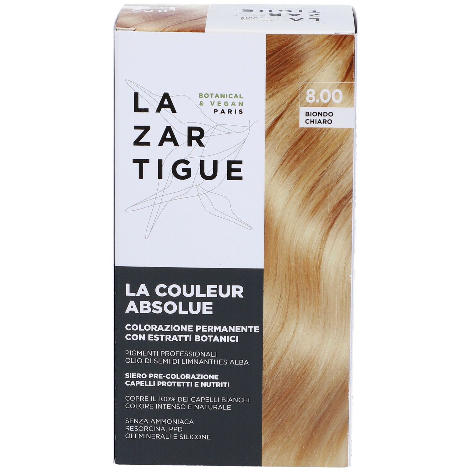 Scatola di tinta per capelli biondi. Scritte: LAZARTIGUE, LA COULEUR ABSOLUE, 8.00 Biondo Chiaro.