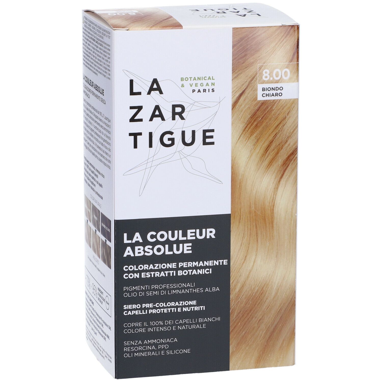 Scatola di tinta per capelli biondi. Scritte: LAZARTIGUE, LA COULEUR ABSOLUE, 8.00 Biondo Chiaro.