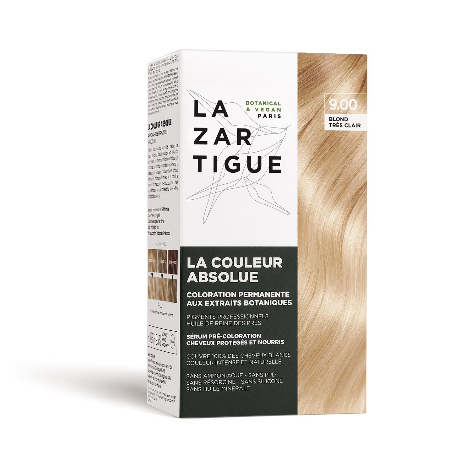 Scatola di tinta per capelli, nome del prodotto e tonalità 9.00 Biondo Molto Chiaro. Botanico & Vegano Paris.