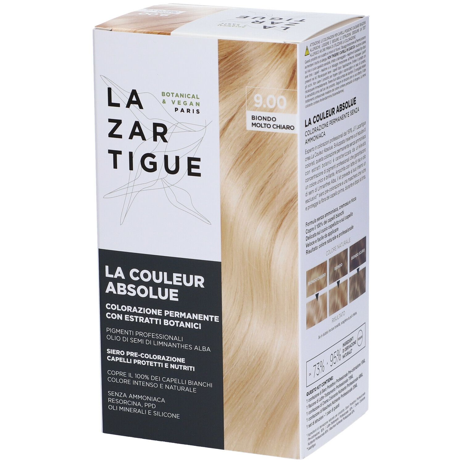Scatola di tinta per capelli, nome del prodotto e tonalità 9.00 Biondo Molto Chiaro. Botanico & Vegano Paris.