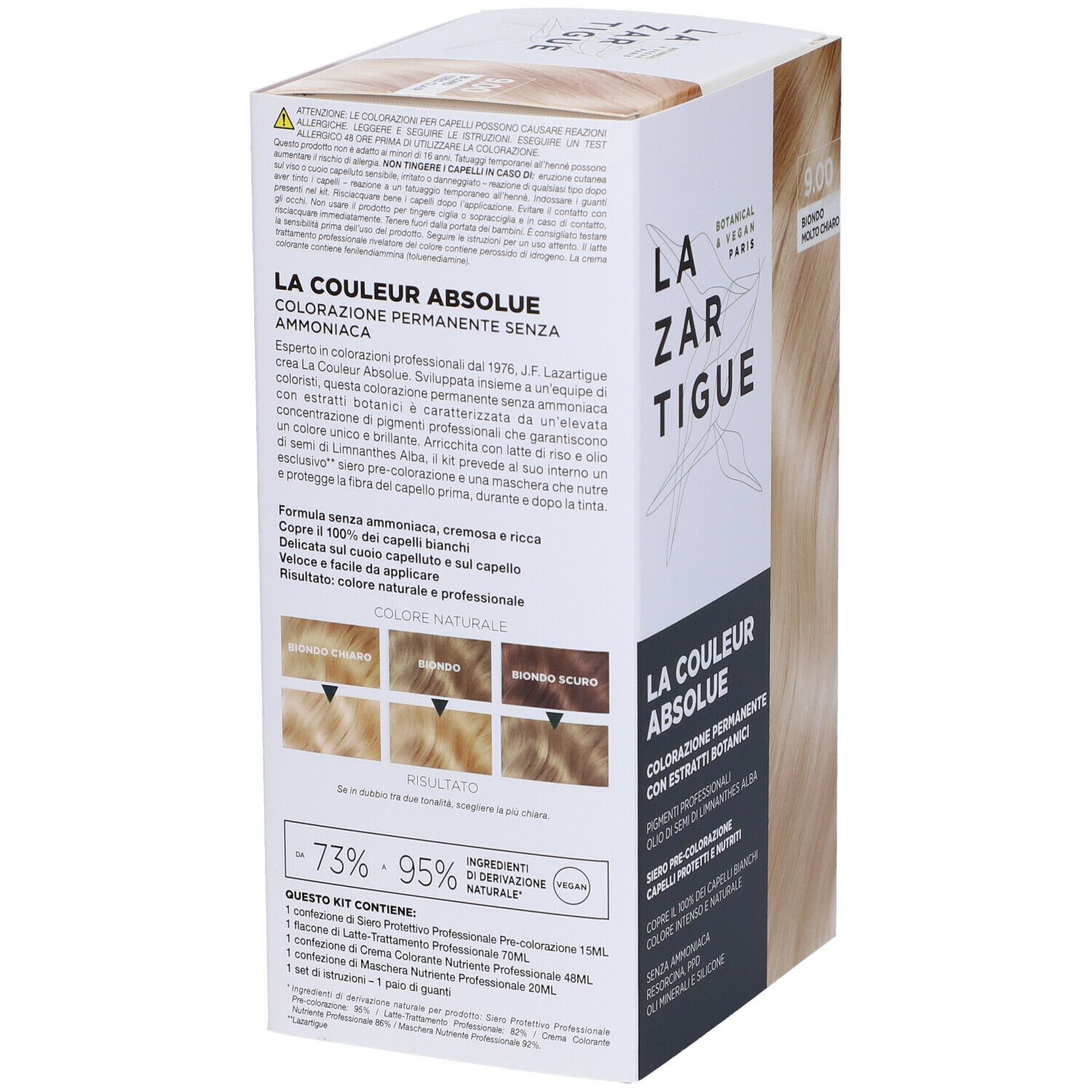 Scatola di tinta per capelli, nome del prodotto e tonalità 9.00 Biondo Molto Chiaro. Botanico & Vegano Paris.