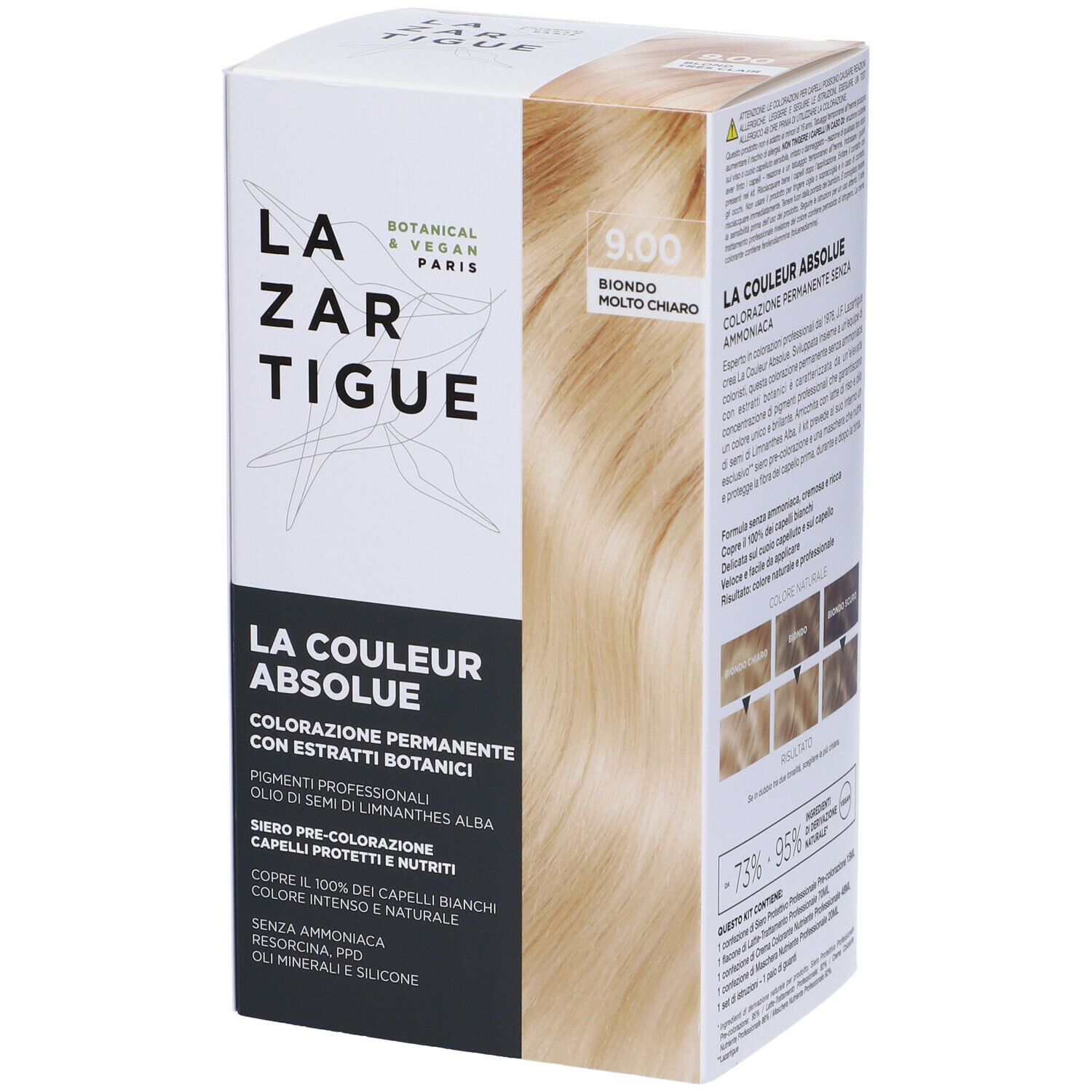Scatola di tinta per capelli, nome del prodotto e tonalità 9.00 Biondo Molto Chiaro. Botanico & Vegano Paris.