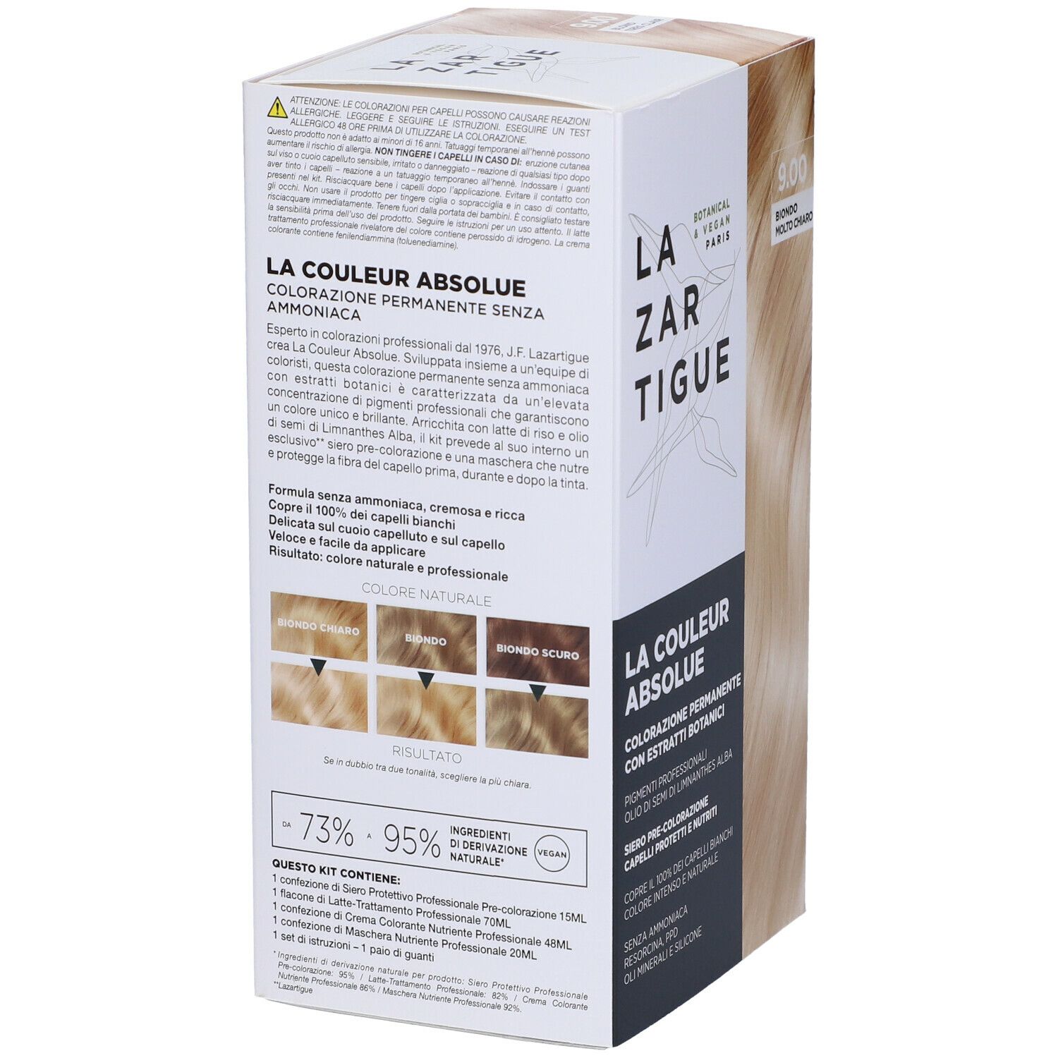 Scatola di tinta per capelli, nome del prodotto e tonalità 9.00 Biondo Molto Chiaro. Botanico & Vegano Paris.