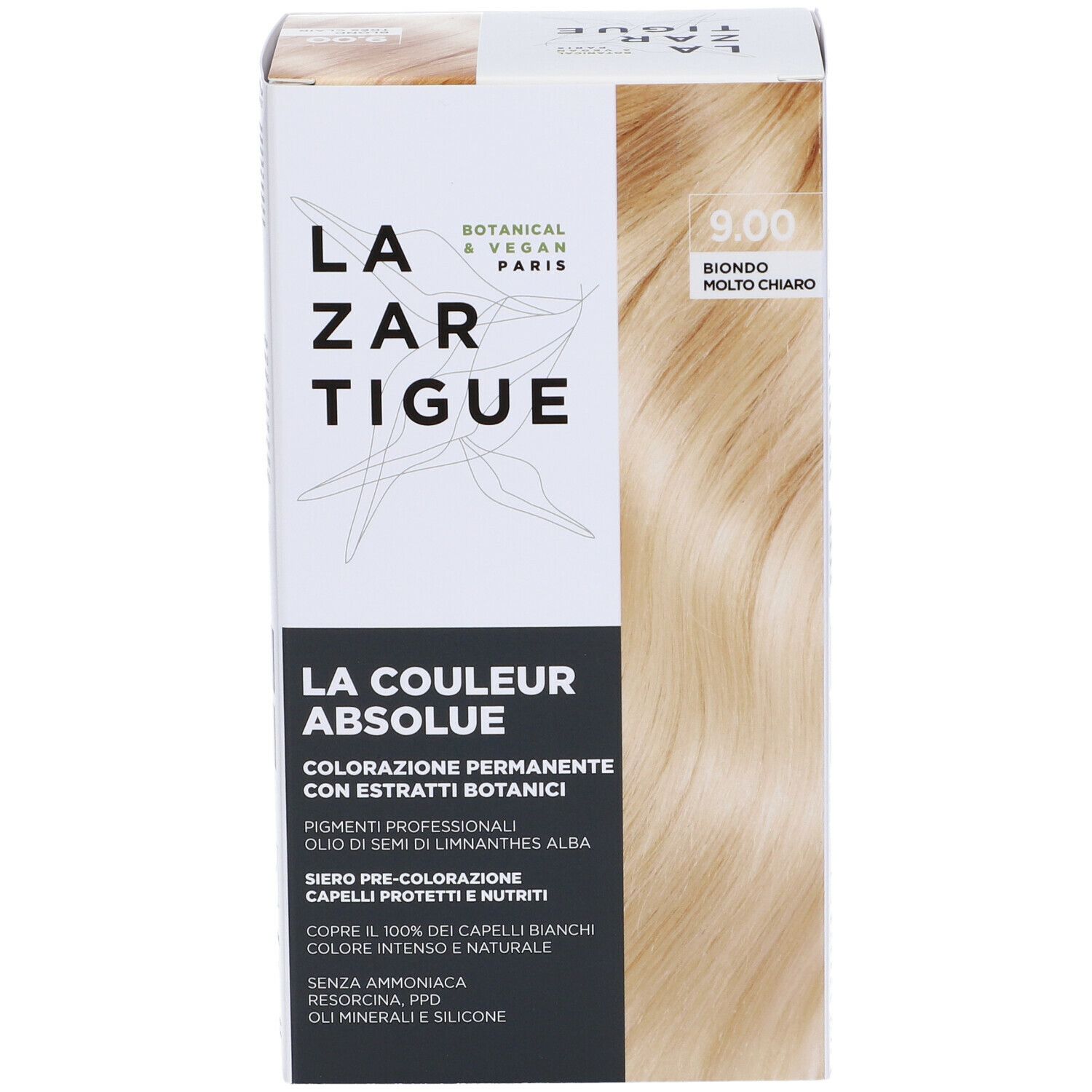 Scatola di tinta per capelli, nome del prodotto e tonalità 9.00 Biondo Molto Chiaro. Botanico & Vegano Paris.