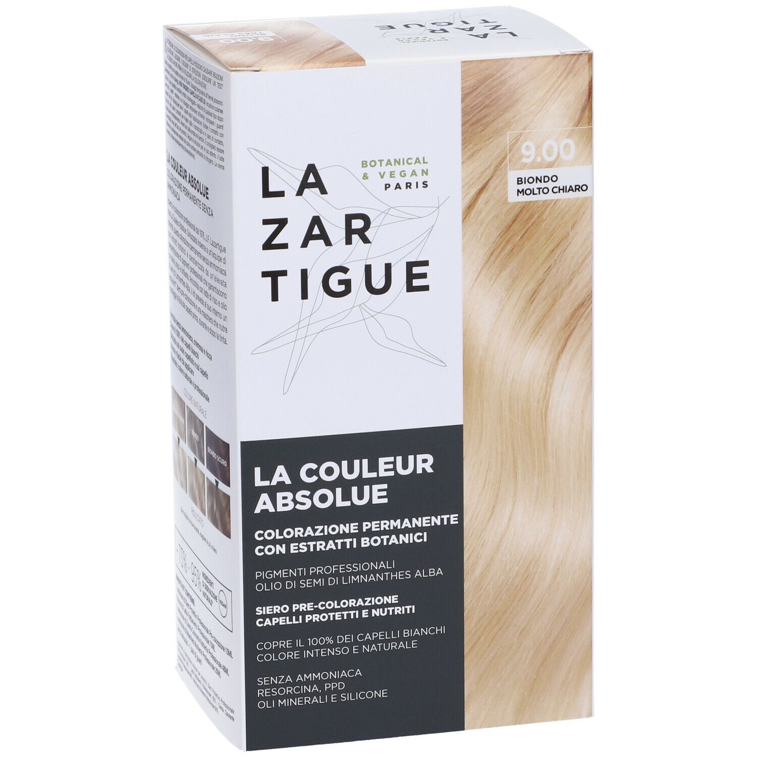 Scatola di tinta per capelli, nome del prodotto e tonalità 9.00 Biondo Molto Chiaro. Botanico & Vegano Paris.