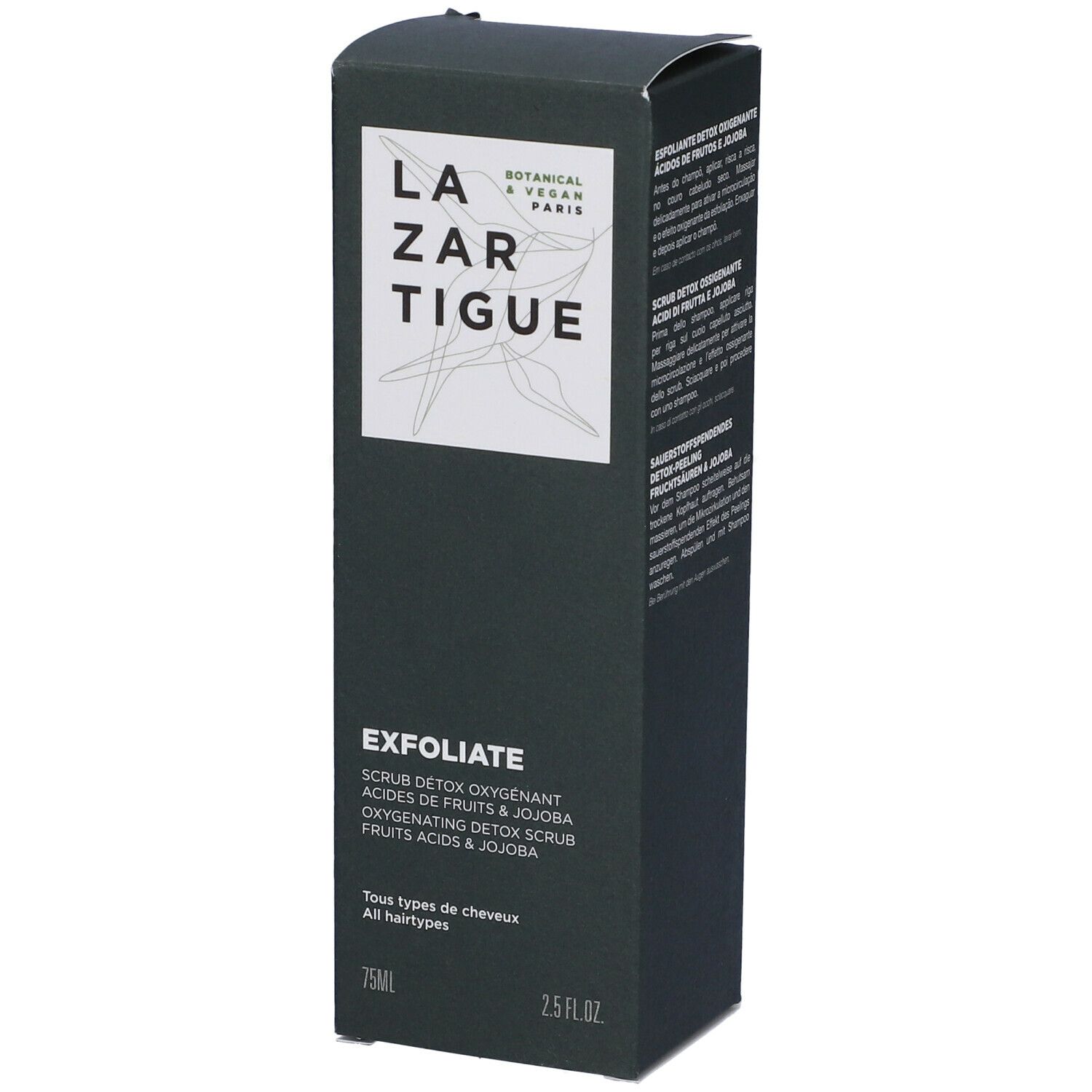 Scatola verde scuro. Scritta: LAZARTIGUE, EXFOLIATE. Testo multilingue. 75ml.