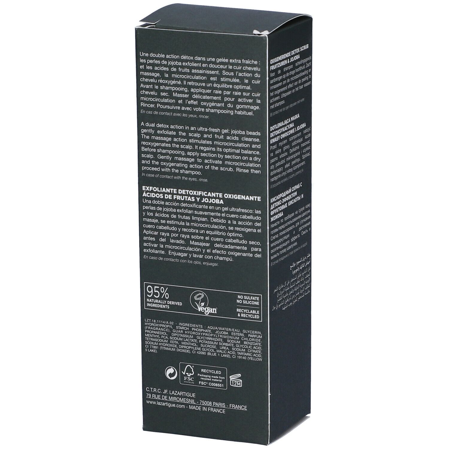 Scatola verde scuro. Testo multilingue. Scritta: LAZARTIGUE, EXFOLIATE. 95% naturale.