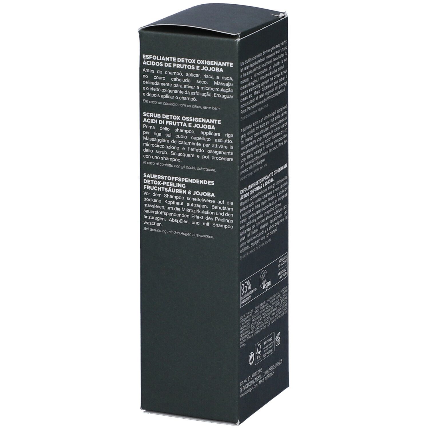 Scatola verde scuro. Testo multilingue. Scritta: LAZARTIGUE, EXFOLIATE. 95% naturale.