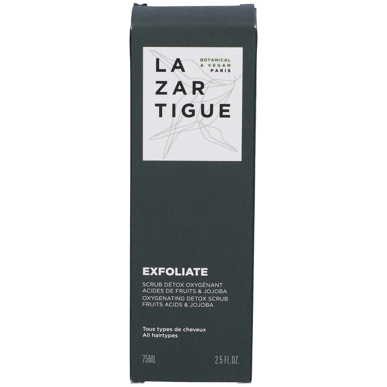 Scatola verde scuro. Scritta: LAZARTIGUE, EXFOLIATE. Testo multilingue. 75ml.