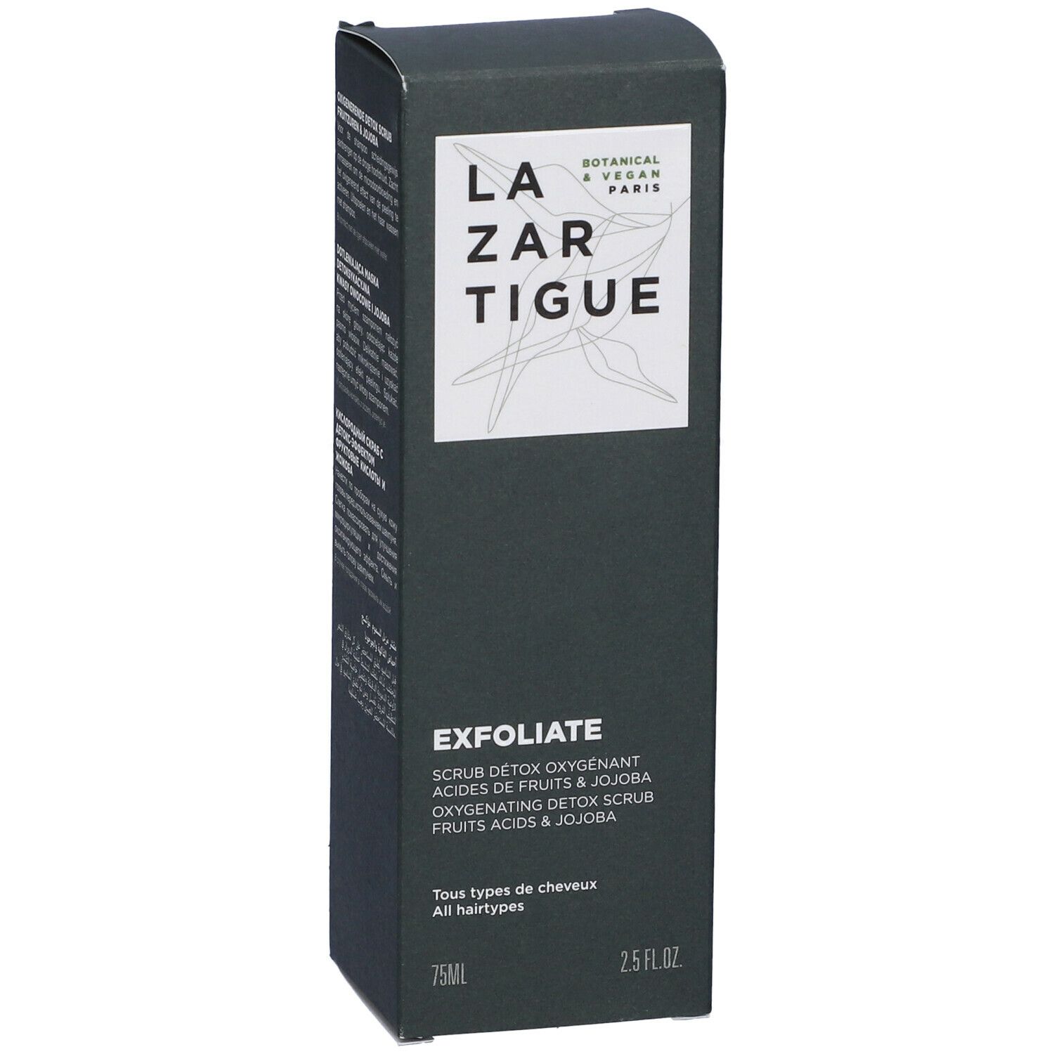 Scatola verde scuro. Scritta: LAZARTIGUE, EXFOLIATE. Testo multilingue. 75ml.
