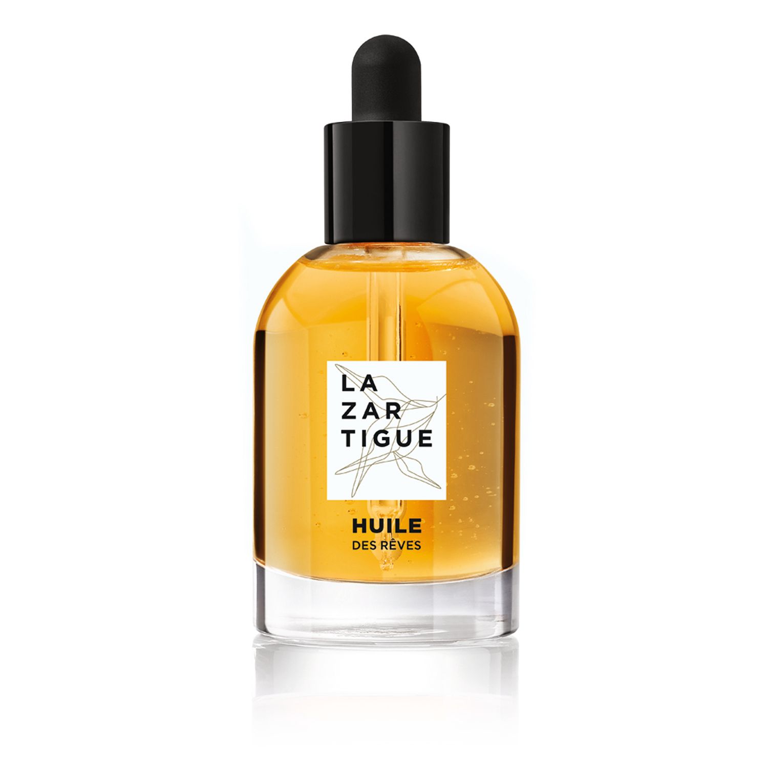 Flacone in vetro con olio. Tappo nero con contagocce. Scritta: LAZARTIGUE, HUILE DES RÊVES.