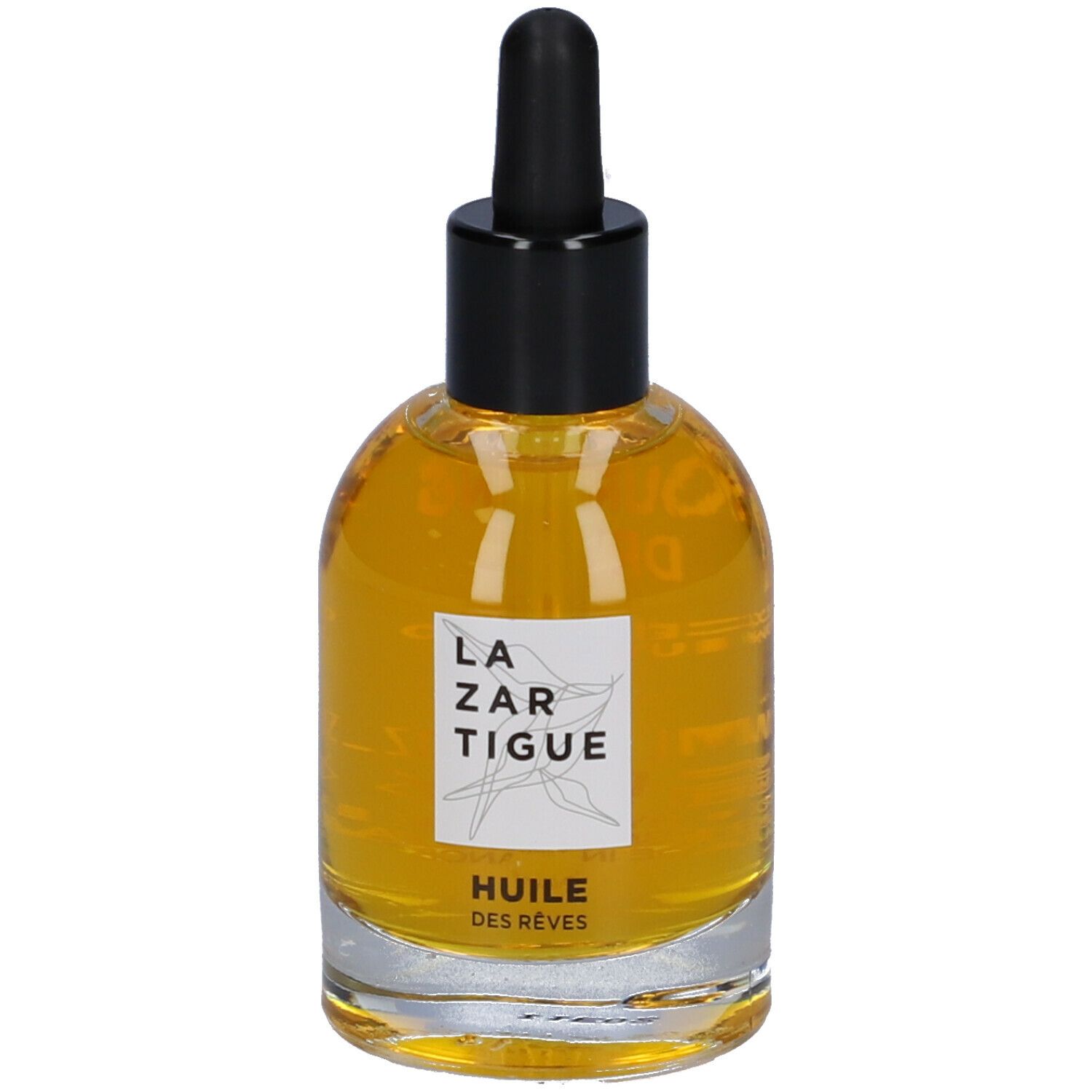 Flacone in vetro con olio. Tappo nero con contagocce. Scritta: LAZARTIGUE, HUILE DES RÊVES.