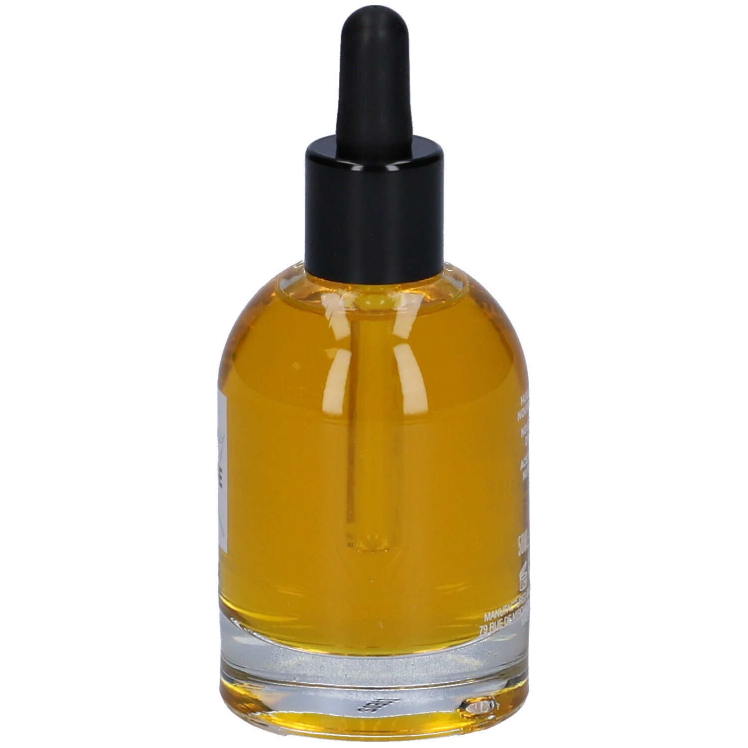 Flacone in vetro con olio. Tappo nero con contagocce. Scritta: LAZARTIGUE, HUILE SÈCHE NOURRISSANTE.