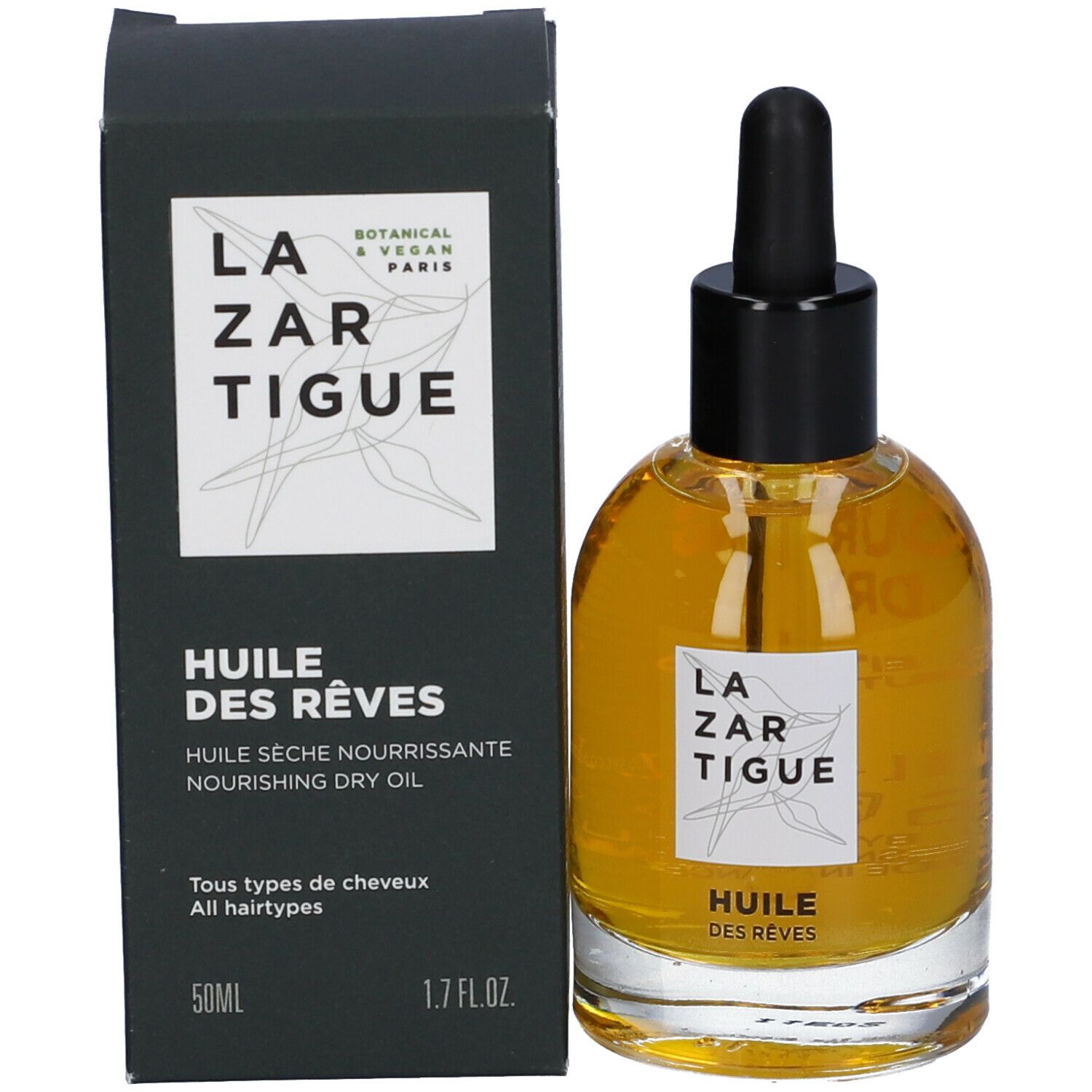 Prodotto con confezione. Flacone d'olio e scatola. Scritta: LAZARTIGUE, HUILE DES RÊVES, 50ml.