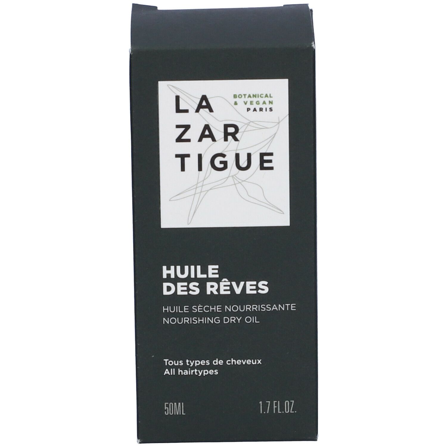 Scatola nera. Scritta: LAZARTIGUE, HUILE DES RÊVES, 50ml.