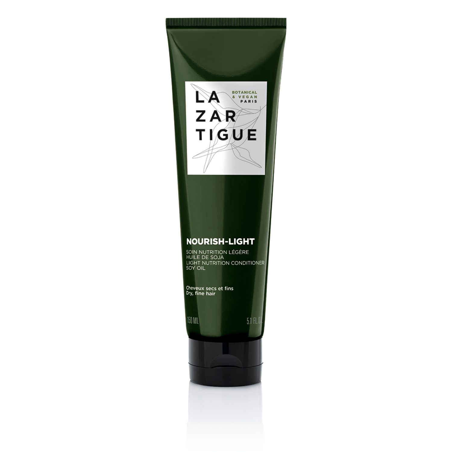 Tubo verde con tappo nero. Testo: LAZARTIGUE, NOURISH-LIGHT, olio di soia. Per capelli secchi e fini.