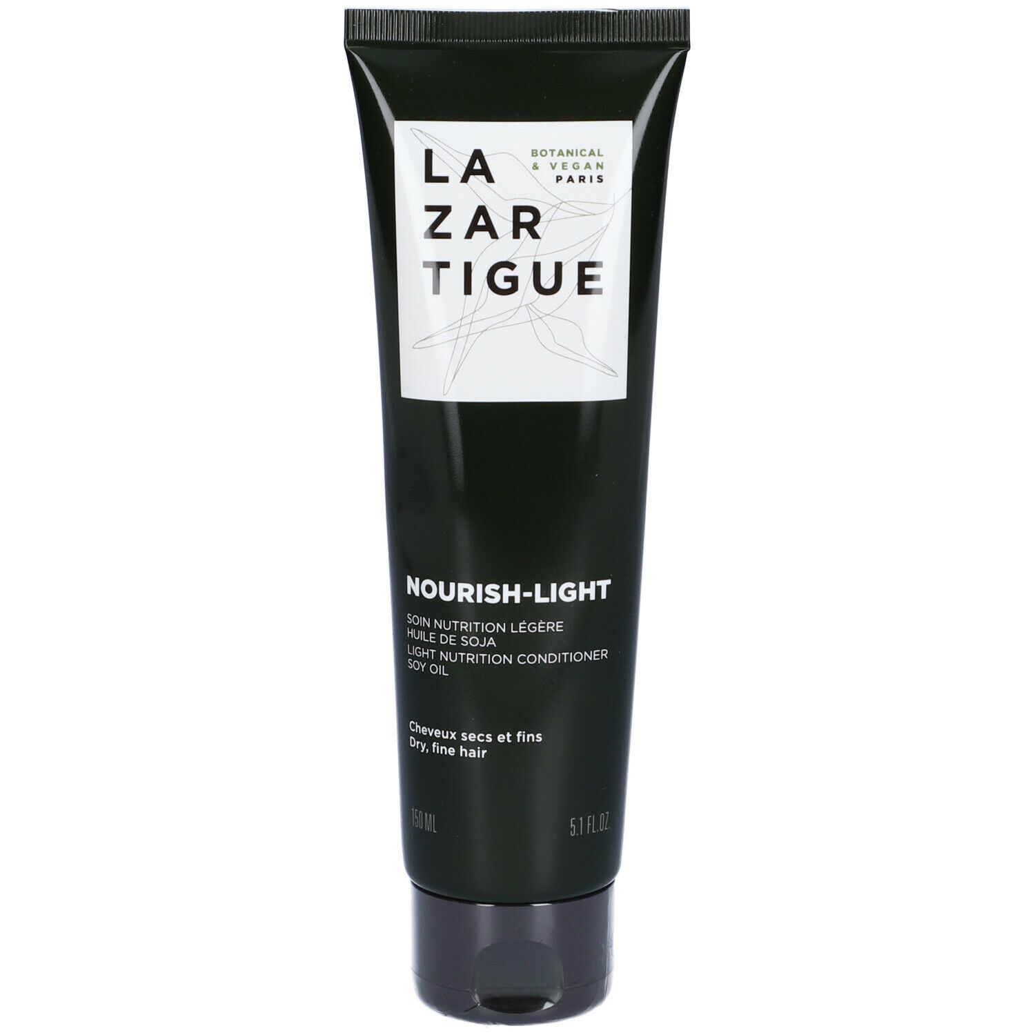 Tubo nero con tappo nero. Testo: LAZARTIGUE, NOURISH-LIGHT, olio di soia. Per capelli secchi e fini.