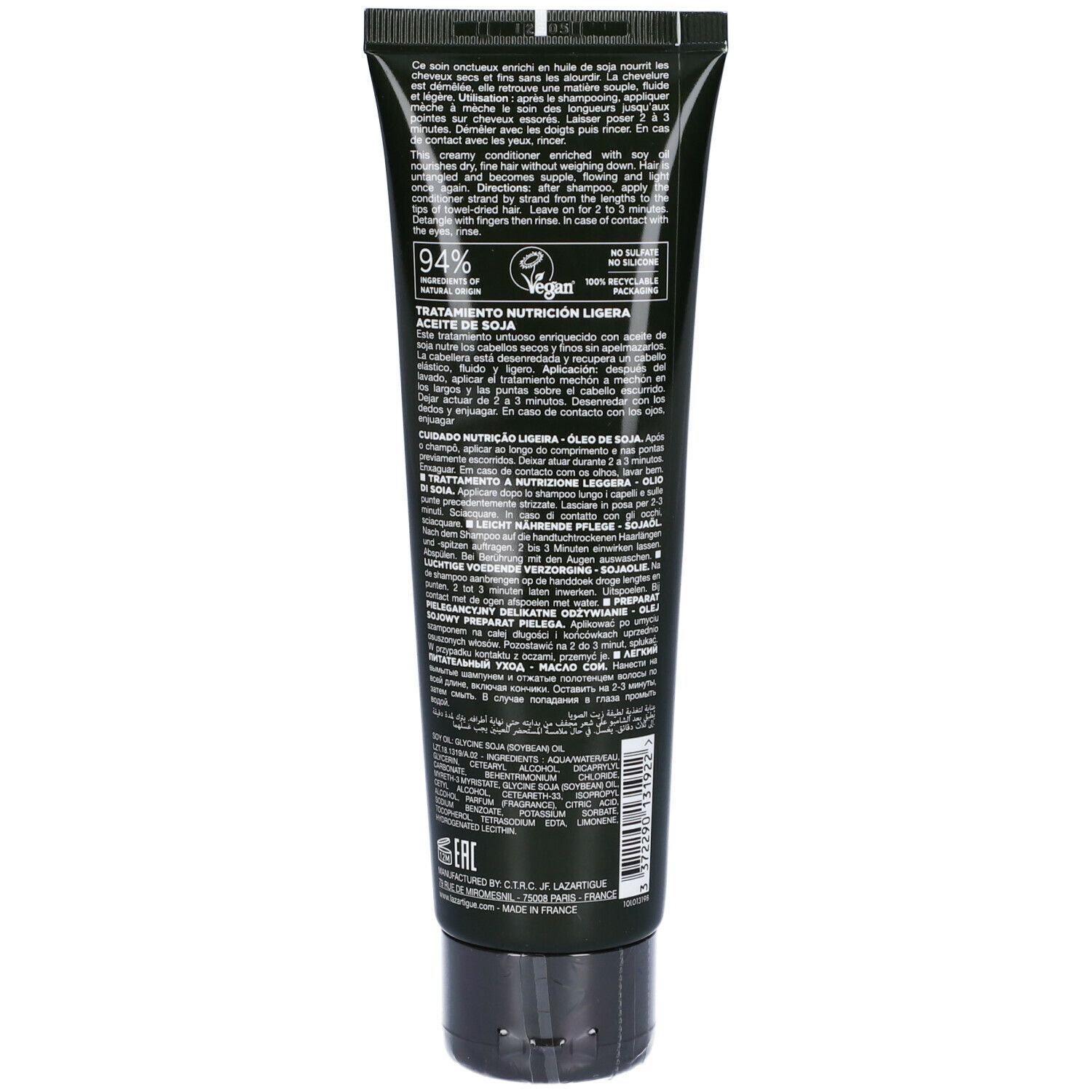 Retro di un tubo nero. Testo: 94%, Vegan, ingredienti, istruzioni. Per capelli secchi e fini.