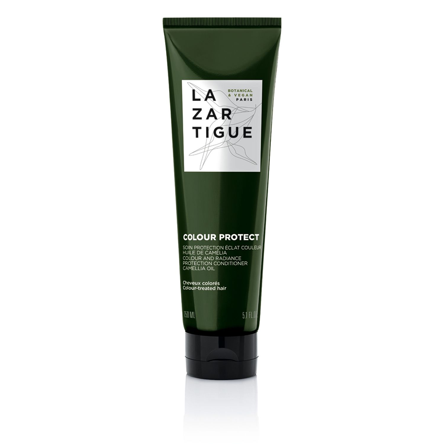 Tubo verde con tappo nero. Scritta: LAZARTIGUE, COLOUR PROTECT, per capelli colorati.