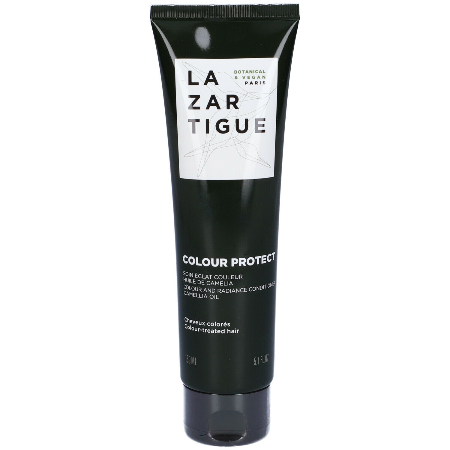 Tubo nero con tappo nero. Scritta: LAZARTIGUE, COLOUR PROTECT, per capelli colorati.