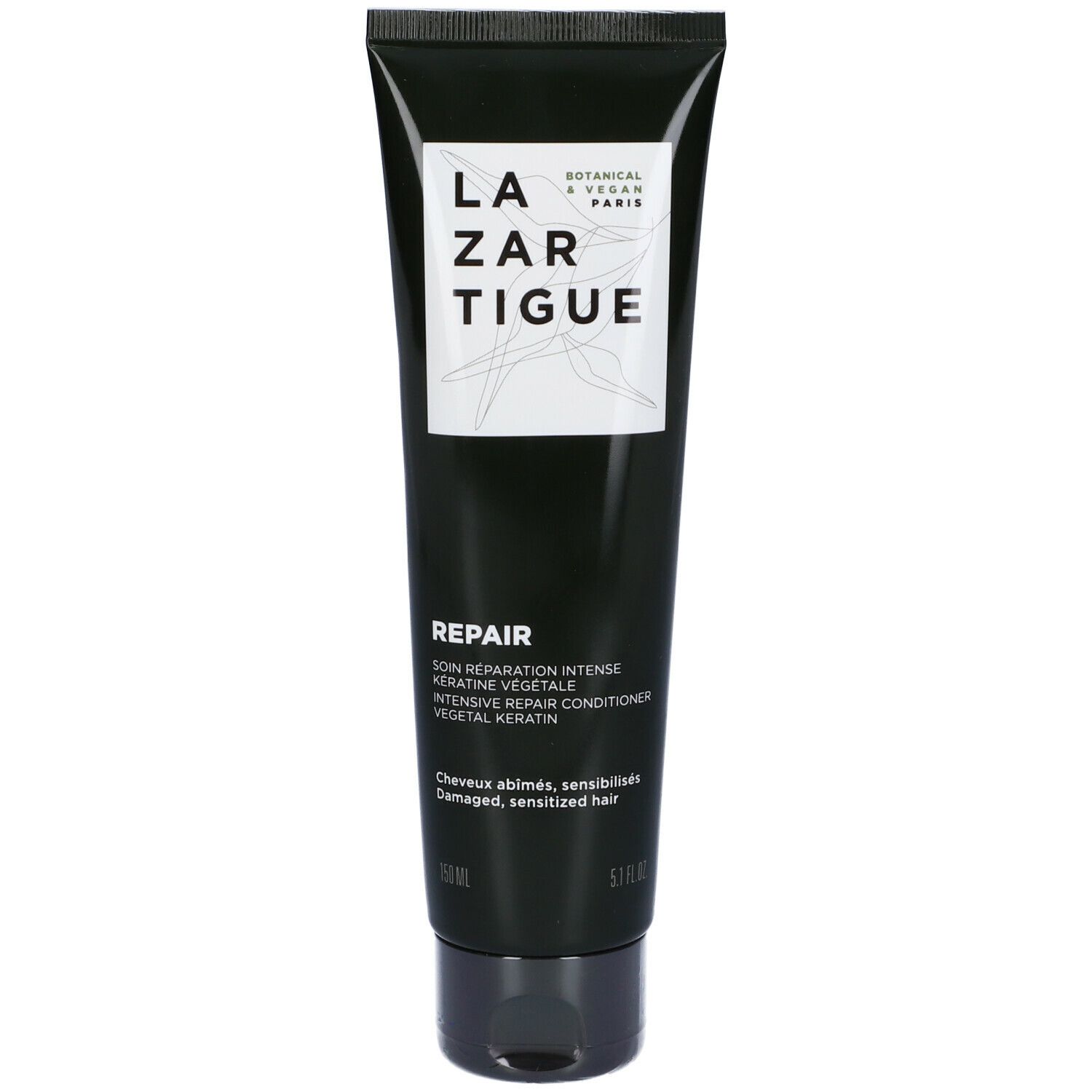 Tubo nero con tappo nero. Scritta: LAZARTIGUE REPAIR. Testo: Cheratina, per capelli danneggiati.