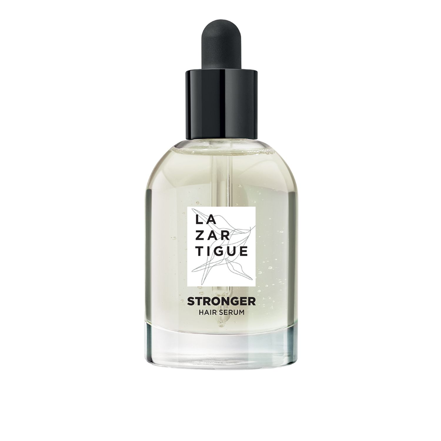 Siero trasparente in flacone di vetro con tappo nero e contagocce. Scritta: LAZARTIGUE, STRONGER HAIR SERUM.
