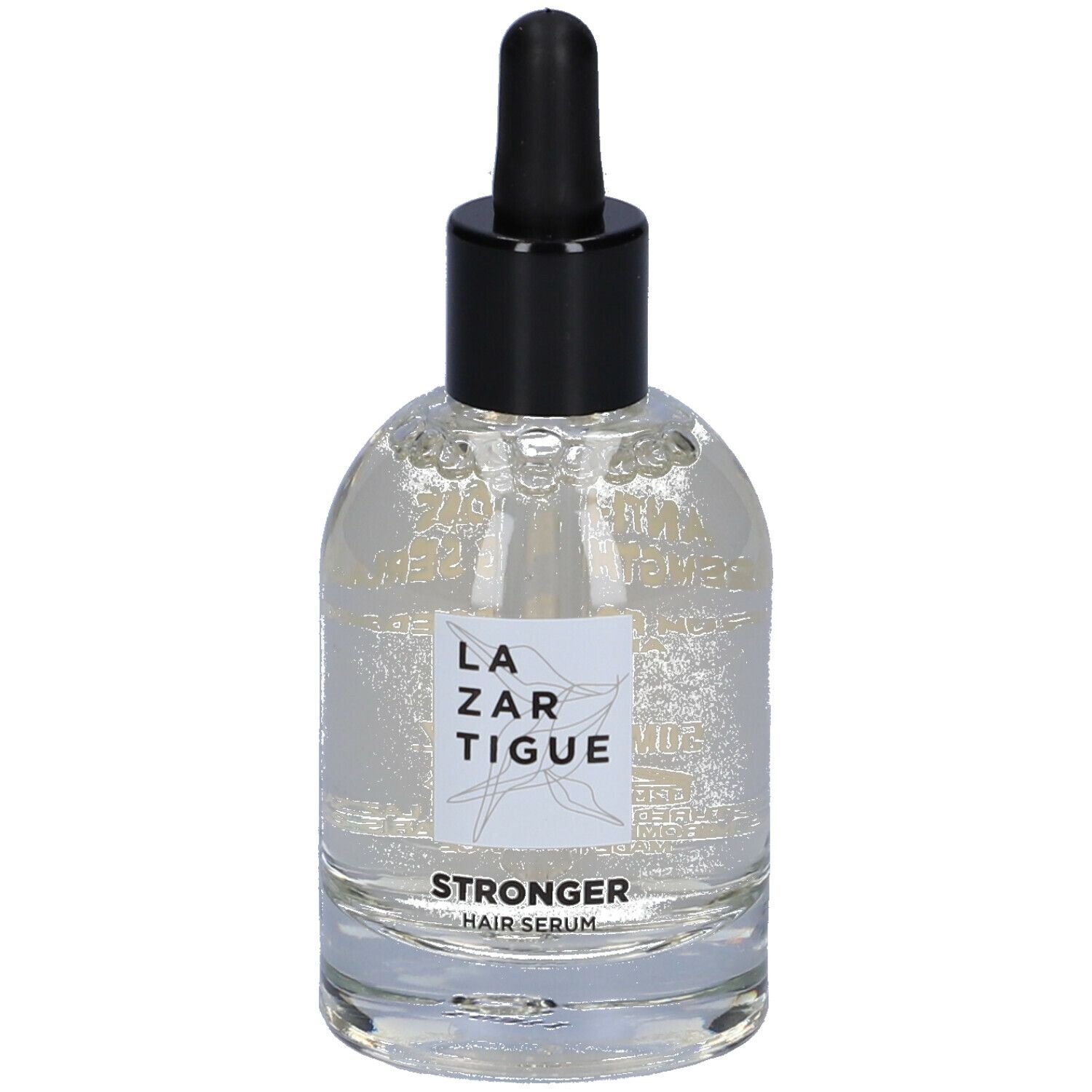 Siero trasparente in flacone di vetro con tappo nero e contagocce. Scritta: LAZARTIGUE, STRONGER HAIR SERUM.