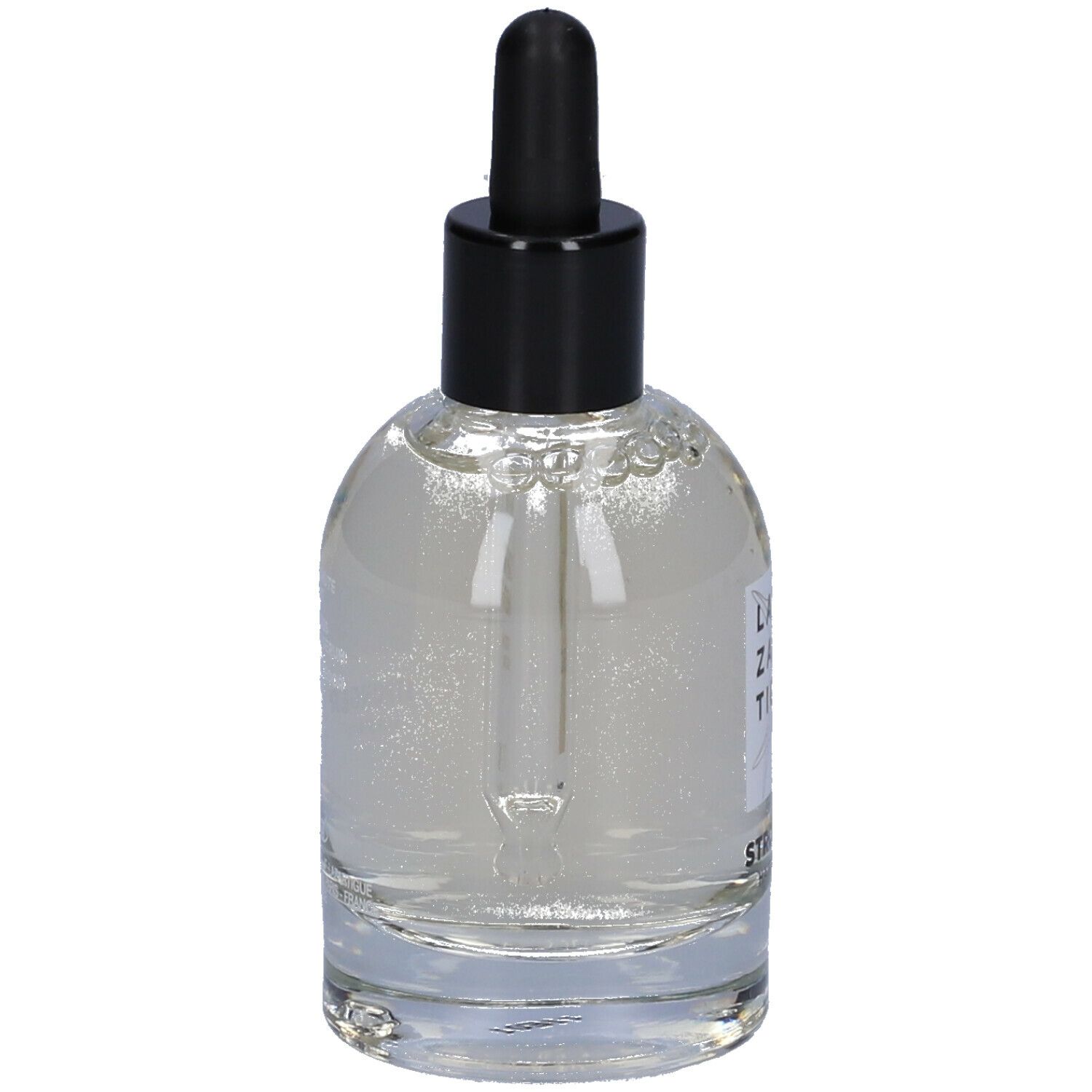 Siero trasparente in flacone di vetro con tappo nero e contagocce. Scritta: LAZARTIGUE, STRONGER HAIR SERUM.