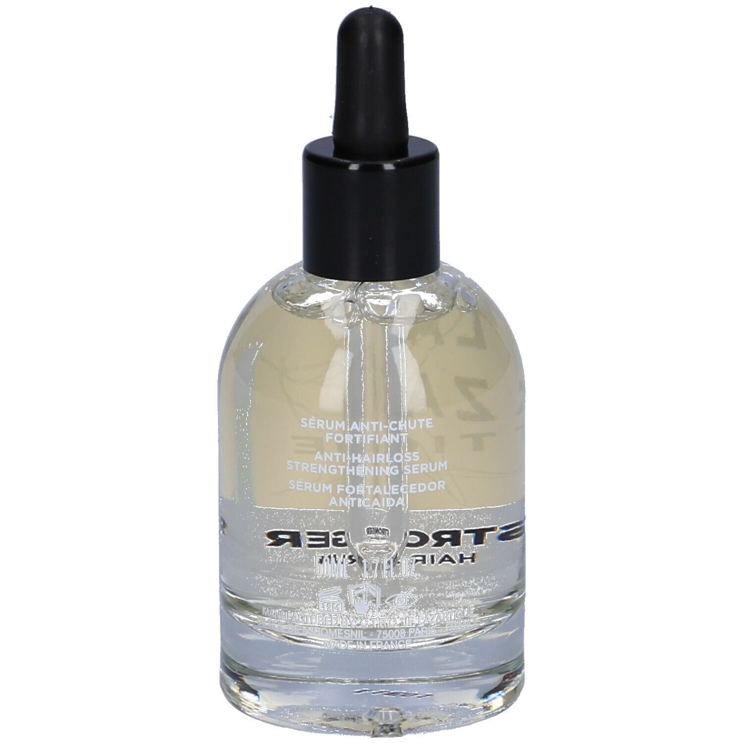 Siero trasparente in flacone di vetro con tappo nero e contagocce. Scritta: LAZARTIGUE, STRONGER HAIR SERUM.