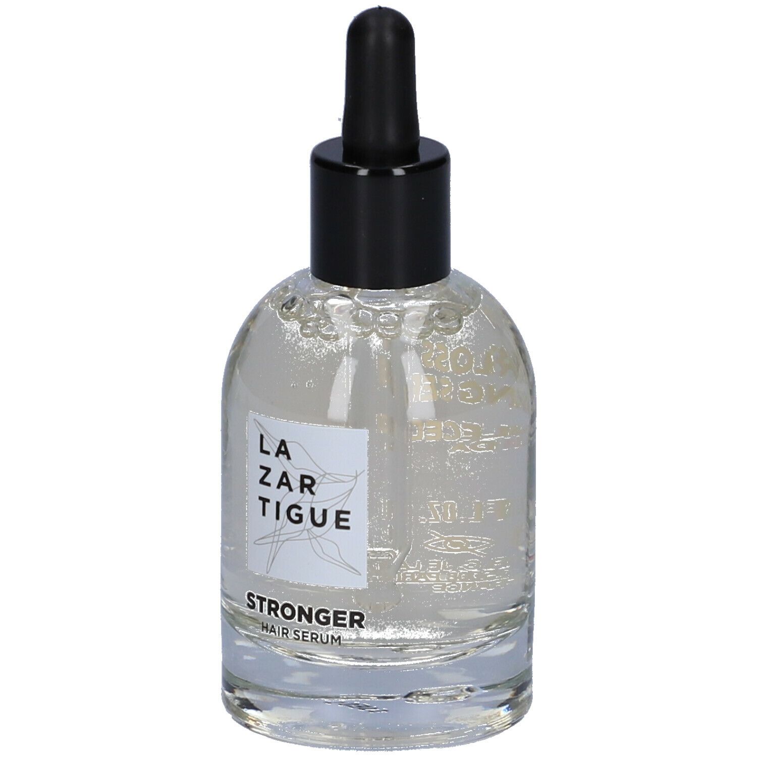 Siero trasparente in flacone di vetro con tappo nero e contagocce. Scritta: LAZARTIGUE, STRONGER HAIR SERUM.