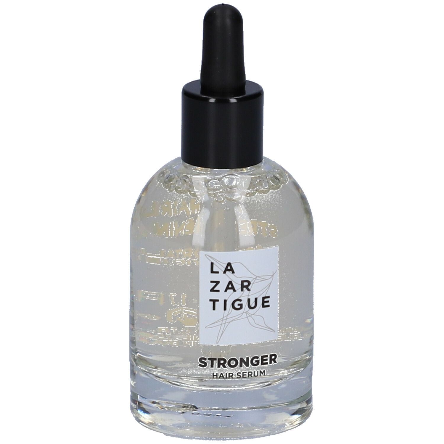 Siero trasparente in flacone di vetro con tappo nero e contagocce. Scritta: LAZARTIGUE, STRONGER HAIR SERUM.