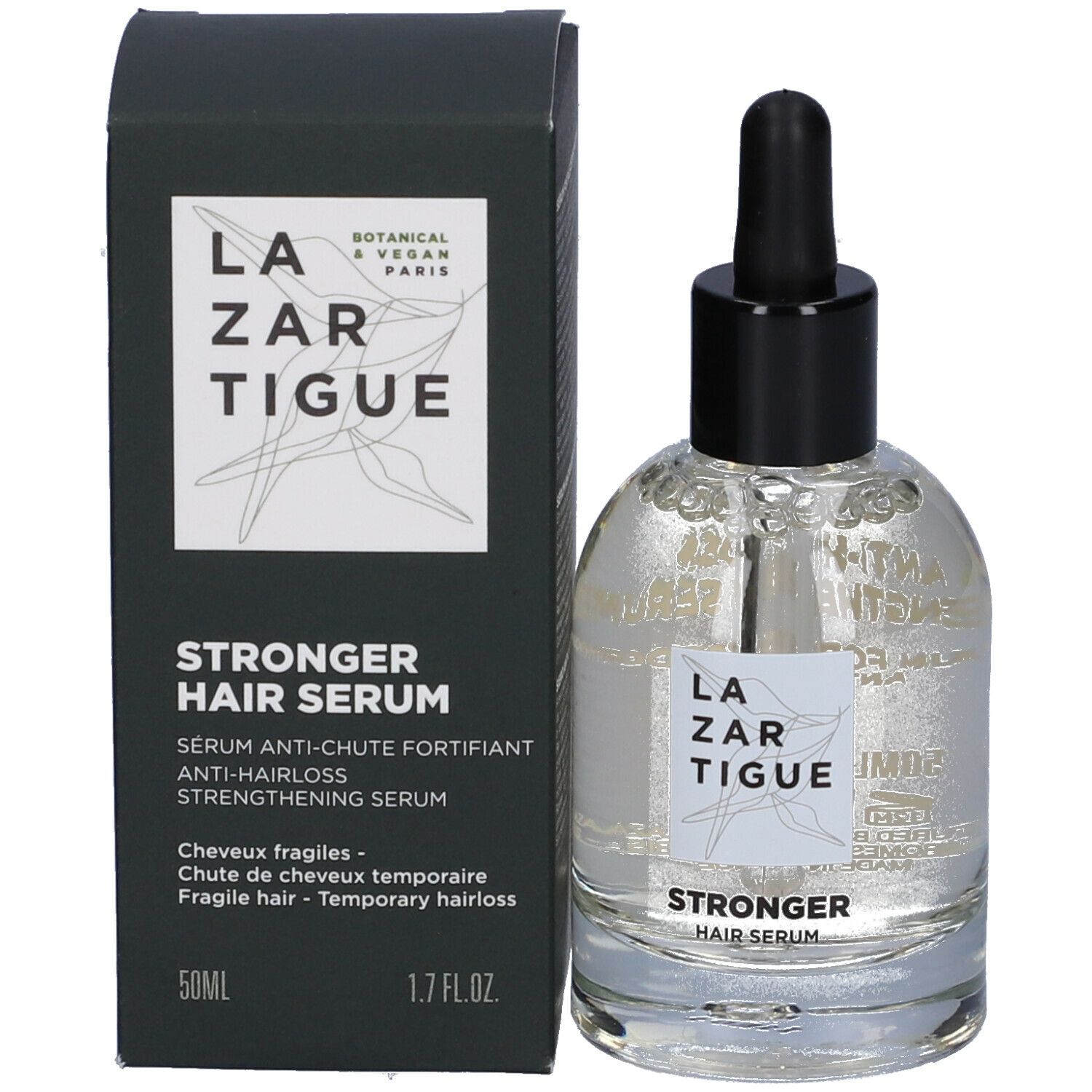 Flacone di siero e scatola. Scritta: LAZARTIGUE, STRONGER HAIR SERUM. Contiene 50ml. Botanico e vegano.