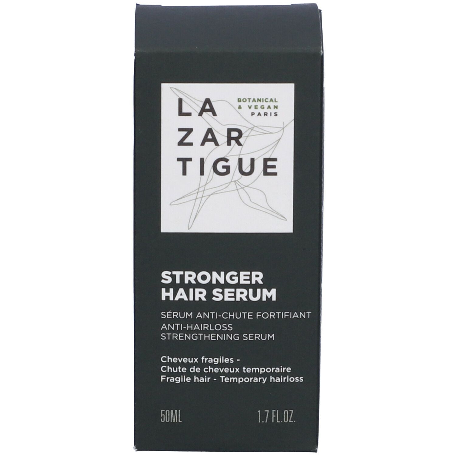 Scatola nera con scritta: LAZARTIGUE, STRONGER HAIR SERUM. Contiene 50ml. Botanico e vegano.