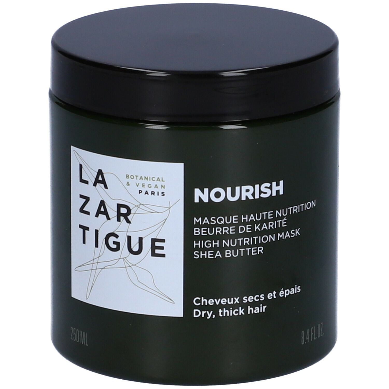 Barattolo verde scuro con coperchio nero. Scritta: LAZARTIGUE, NOURISH, Masque Haute Nutrition. Per capelli secchi e spessi.