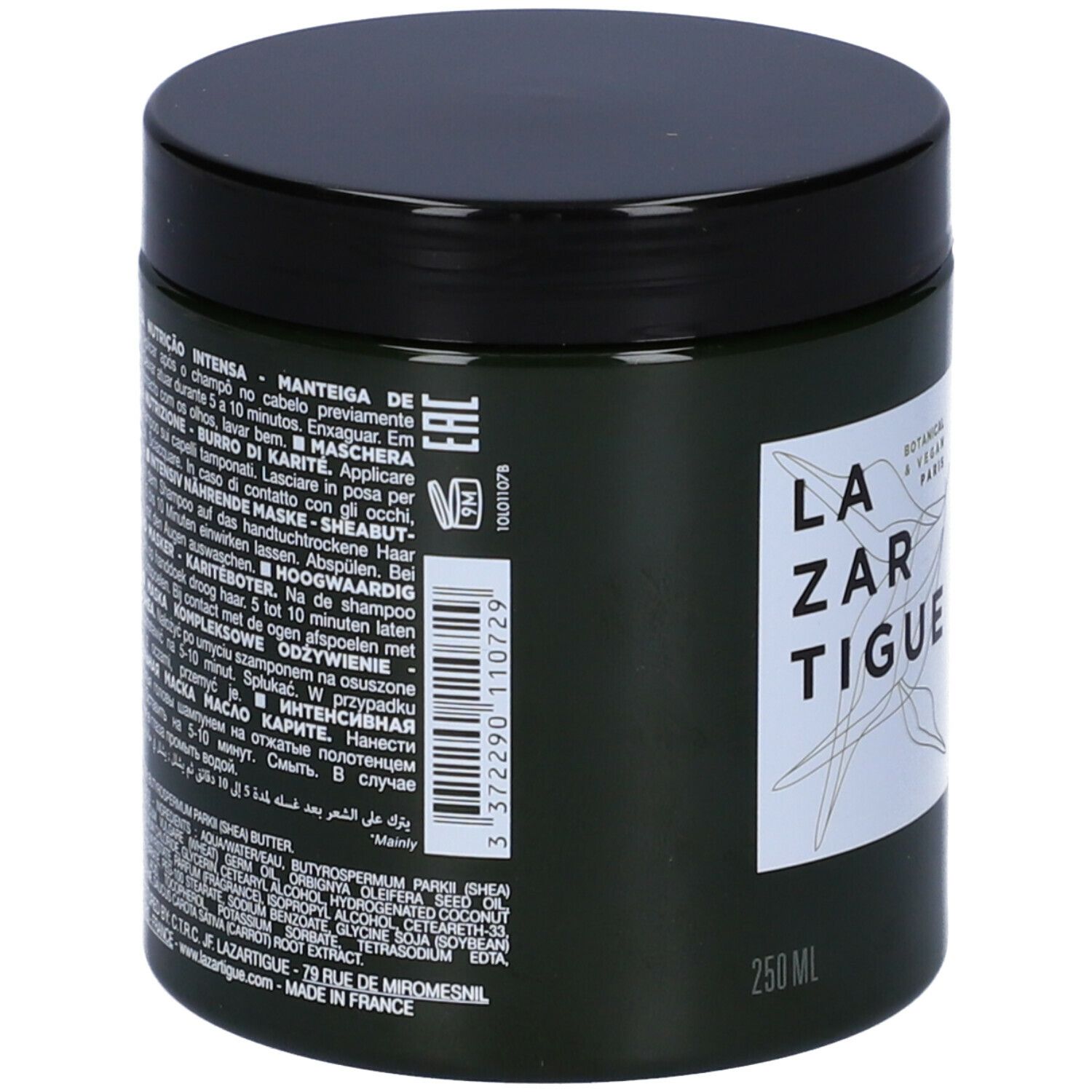 Barattolo verde scuro con coperchio nero. Testo sul retro: ingredienti, istruzioni per l'uso. LAZARTIGUE, 250 ml.