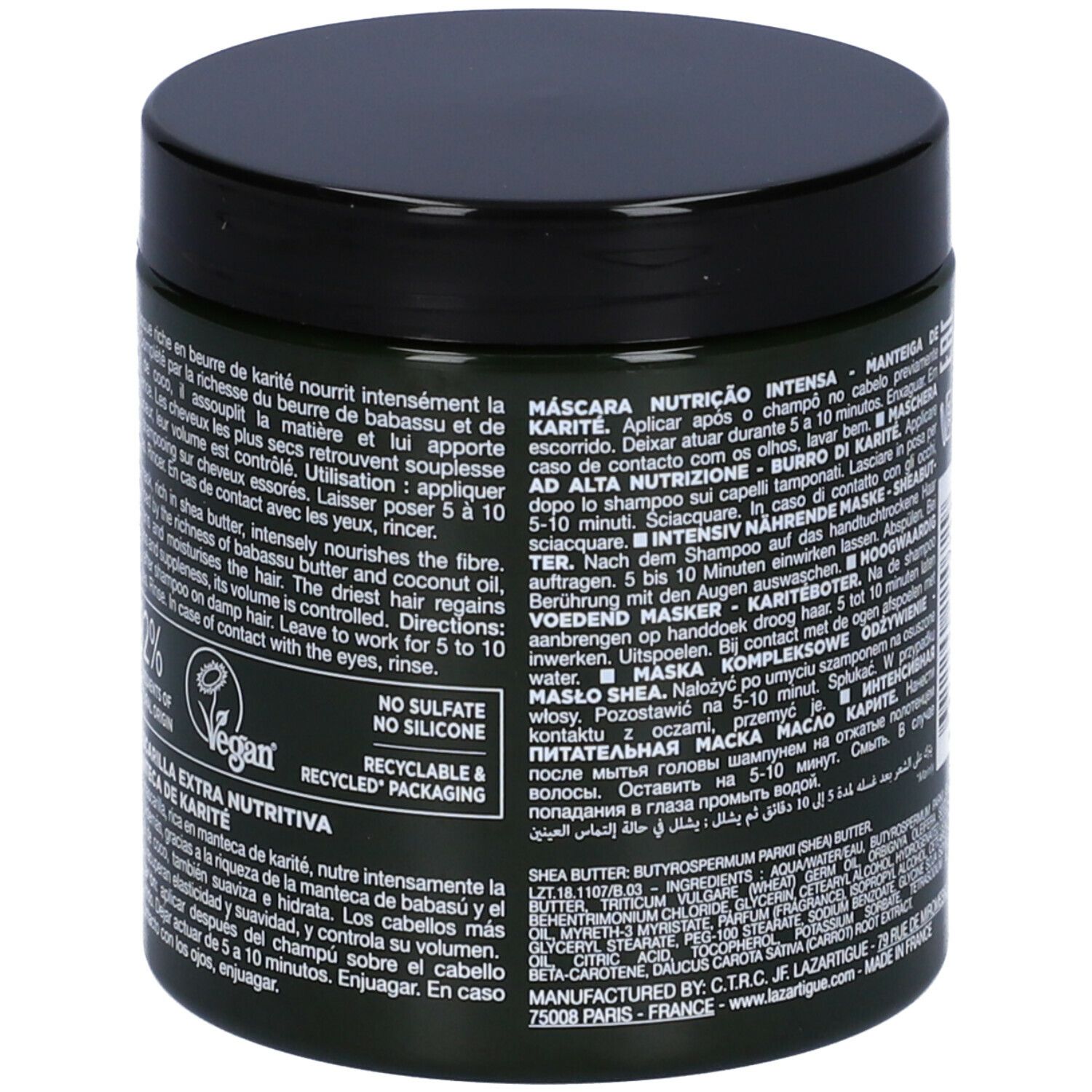 Barattolo verde scuro con coperchio nero. Testo sul retro: istruzioni per l'uso, ingredienti. Logo vegano, 250 ml.