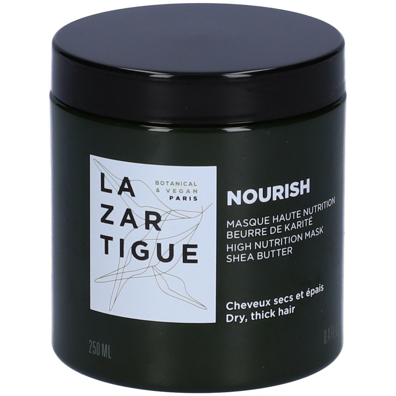 Barattolo verde scuro con coperchio nero. Scritta: LAZARTIGUE, NOURISH, Masque Haute Nutrition. Per capelli secchi e spessi.
