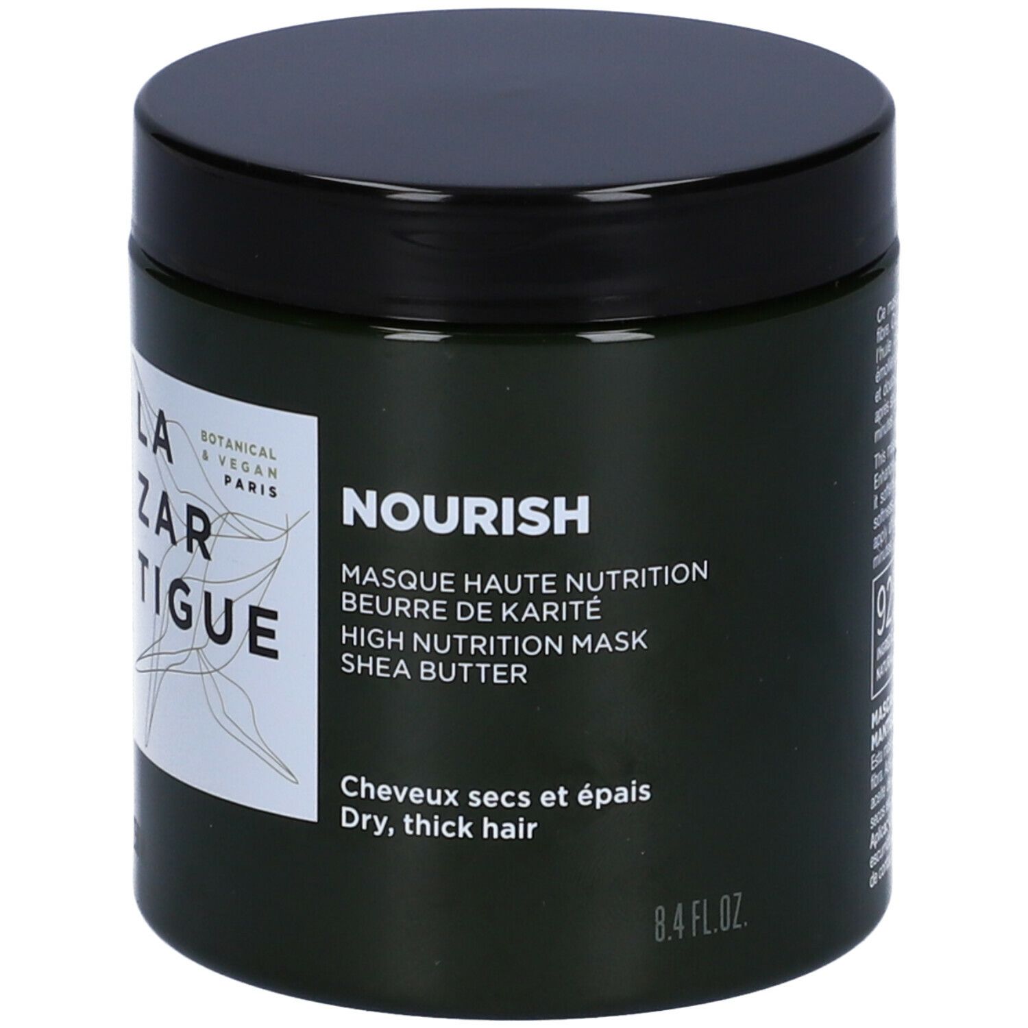 Barattolo verde scuro con coperchio nero. Scritta: LAZARTIGUE, NOURISH, Masque Haute Nutrition. Per capelli secchi e spessi.