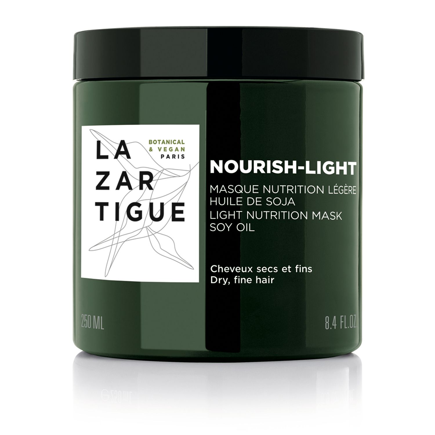 Vaso verde scuro con coperchio nero. Scritta: LAZARTIGUE, NOURISH-LIGHT, Masque Nutrition Légère. Per capelli secchi e fini.