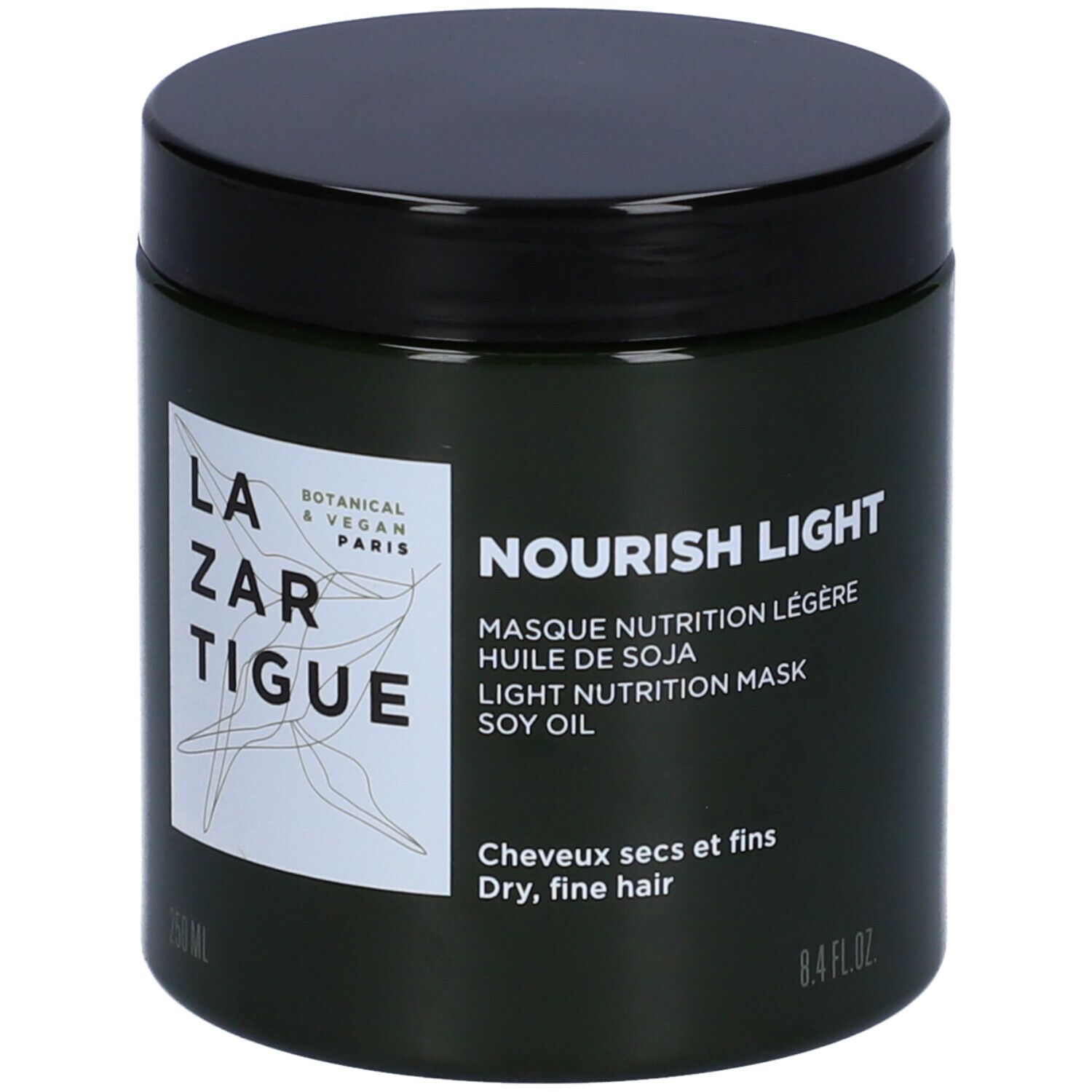 Vaso verde scuro con coperchio nero. Scritta: LAZARTIGUE, NOURISH LIGHT, Masque Nutrition Légère. Per capelli secchi e fini.