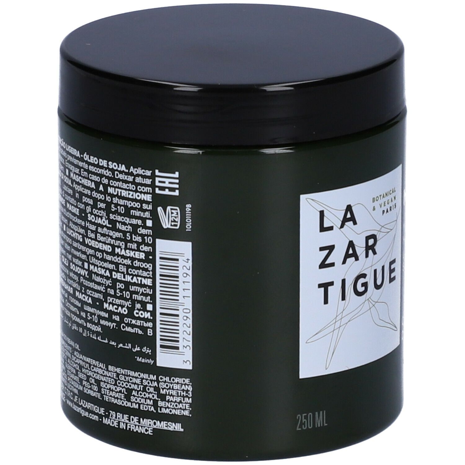 Vaso verde scuro con coperchio nero. Scritta: LAZARTIGUE, NOURISH LIGHT, Masque Nutrition Légère. Per capelli secchi e fini.