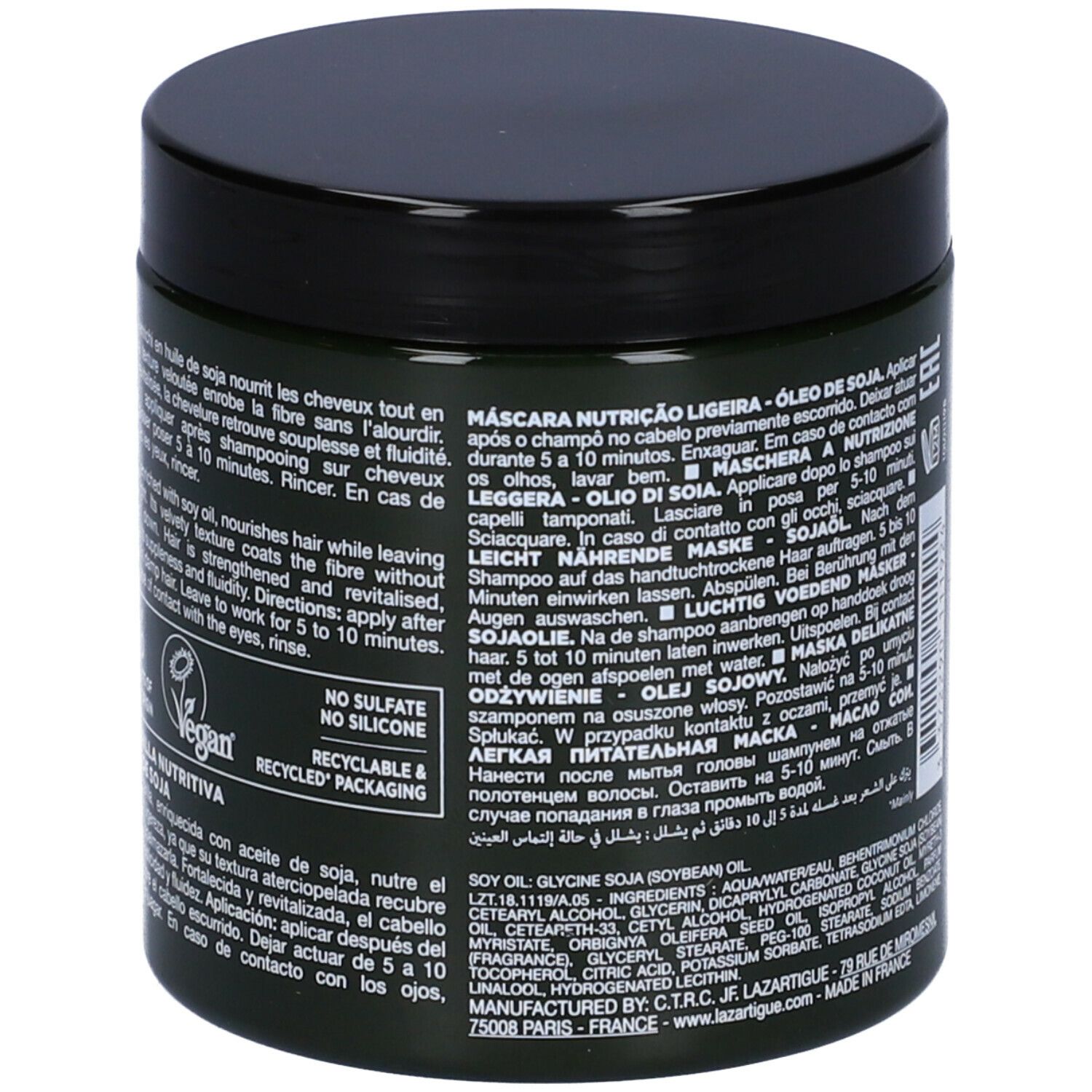 Vaso verde scuro con coperchio nero. Scritta: LAZARTIGUE, NOURISH LIGHT, Masque Nutrition Légère. Per capelli secchi e fini.