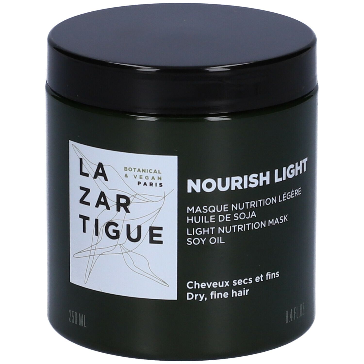 Vaso verde scuro con coperchio nero. Scritta: LAZARTIGUE, NOURISH LIGHT, Masque Nutrition Légère. Per capelli secchi e fini.