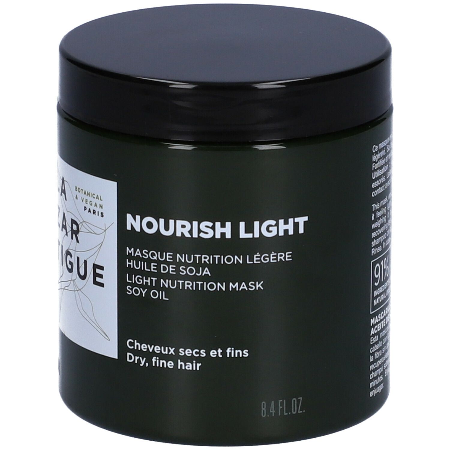 Vaso verde scuro con coperchio nero. Scritta: LAZARTIGUE, NOURISH LIGHT, Masque Nutrition Légère. Per capelli secchi e fini.