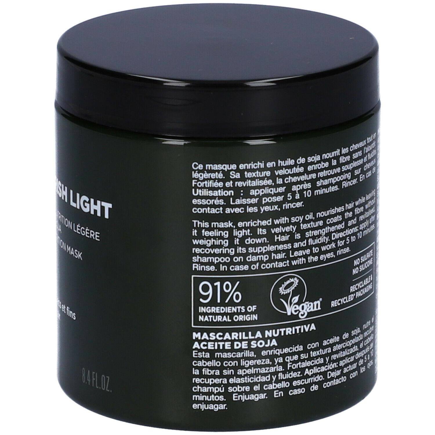 Vaso verde scuro con coperchio nero. Scritta: LAZARTIGUE, NOURISH LIGHT, Masque Nutrition Légère. Per capelli secchi e fini.