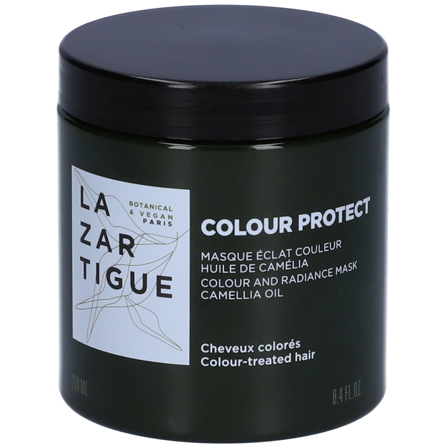 Barattolo verde scuro con coperchio nero. Scritta: LAZARTIGUE, COLOUR PROTECT, Masque éclat couleur, olio di Camelia.