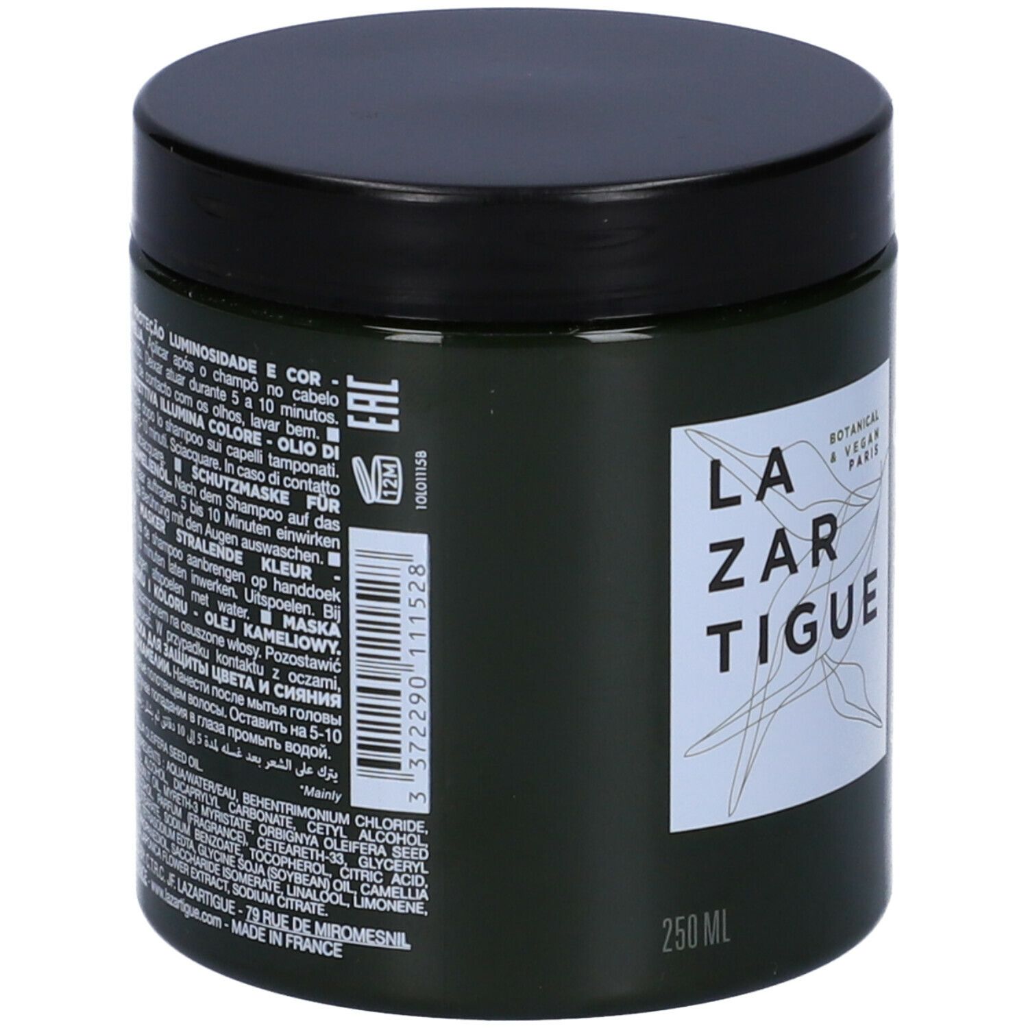 Barattolo verde scuro con coperchio nero. Scritta: LAZARTIGUE, COLOUR PROTECT, Masque éclat couleur, olio di Camelia.
