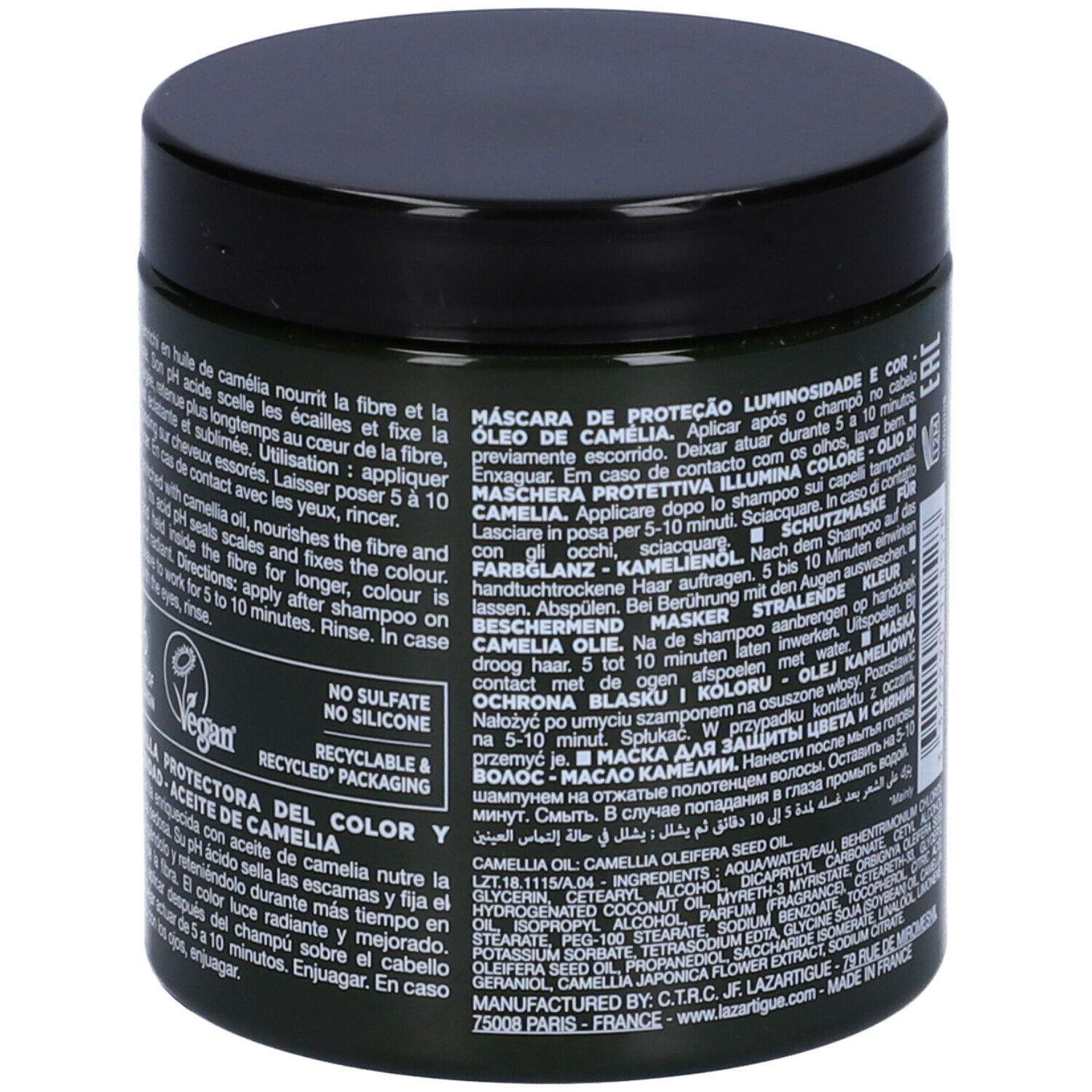 Barattolo verde scuro con coperchio nero. Scritta: LAZARTIGUE, COLOUR PROTECT, Masque éclat couleur, olio di Camelia.